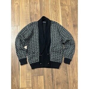 Vintage 80’s 90’s Cardigan Men’s M Black White Geometric Pattern Acrylic Knit